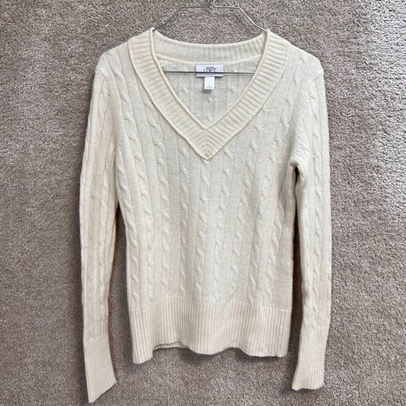 LOFT cream v-neck wool Rabbit Hair blend cable knit sweater Small - Picture 1 of 8